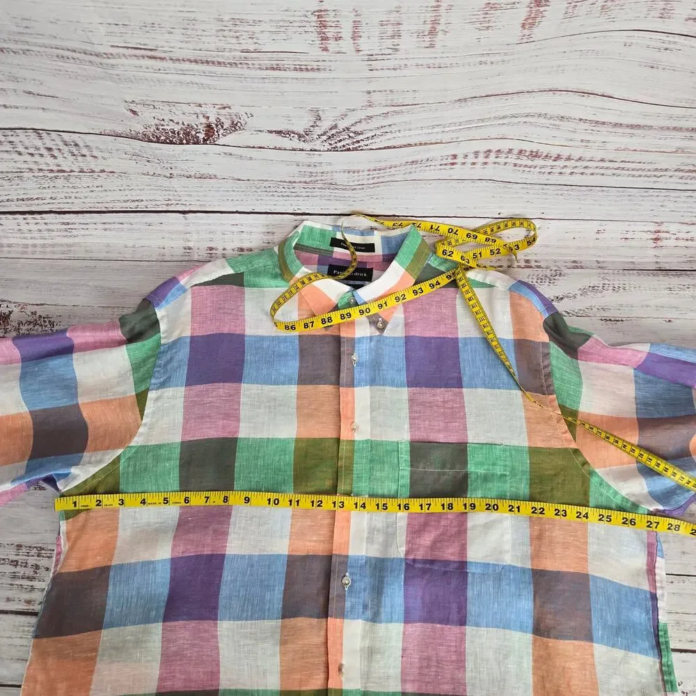 Paul Fredrick Pure Linen Classic Button Shirt 2XLT Vibrant Multi Rainbow Check - Picture 5 of 7